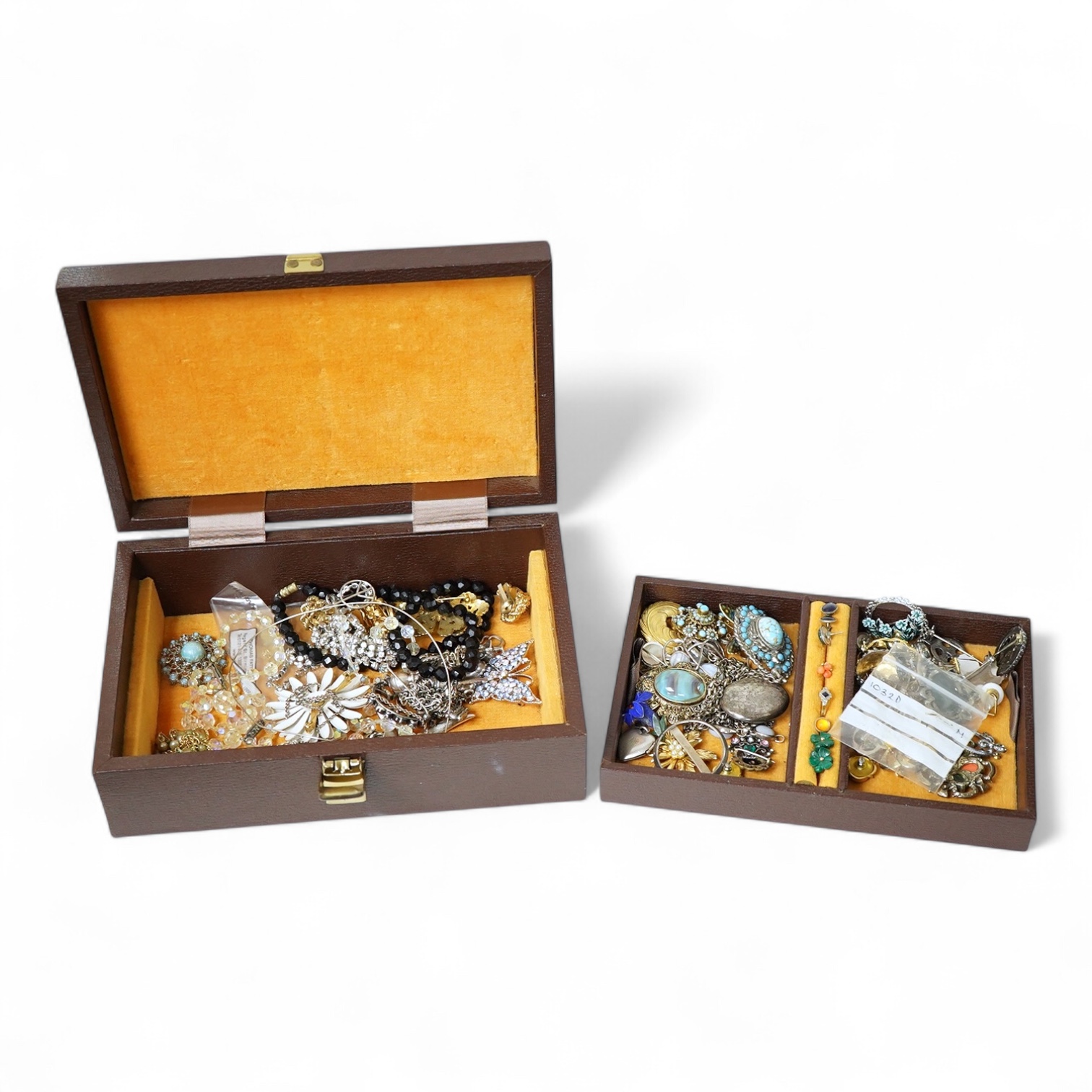 A jewellery box and contents to include an 18ct and plat. single stone sapphire and one (ex two) stone diamond ring, silver and costume jewellery..